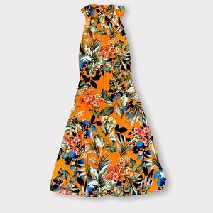 CAMEO Tropical multicolor Bodycon open back strapless Maxi dress Size L EUC
